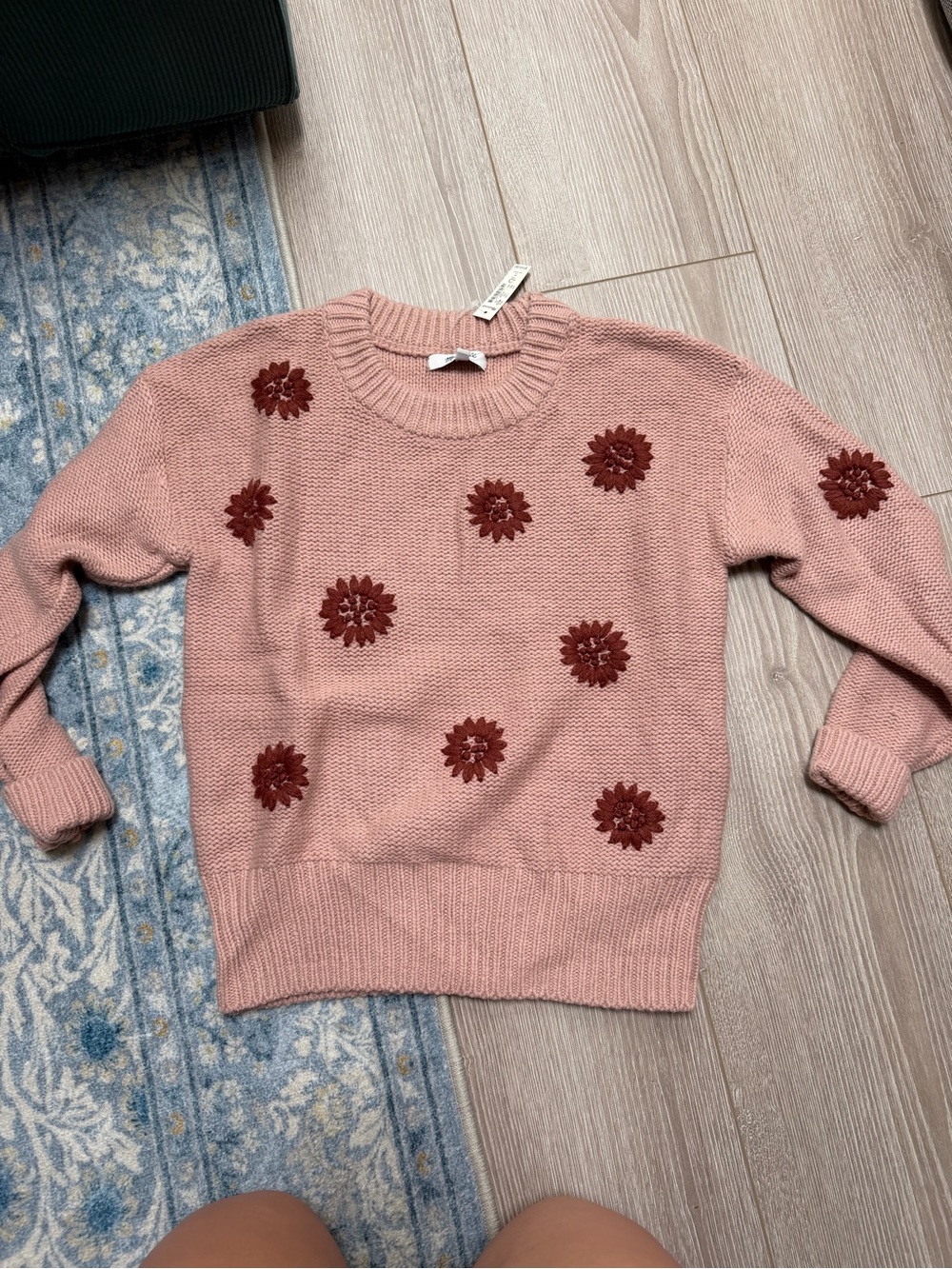 Madewell Flower Embroidered Pullover Sweater Dusty Blush and Merlot chunky knit - Picture 3 of 6